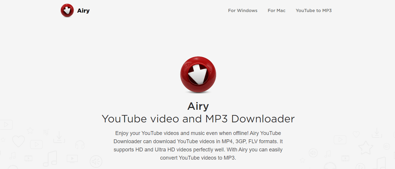 Airy YouTube downloader homepage