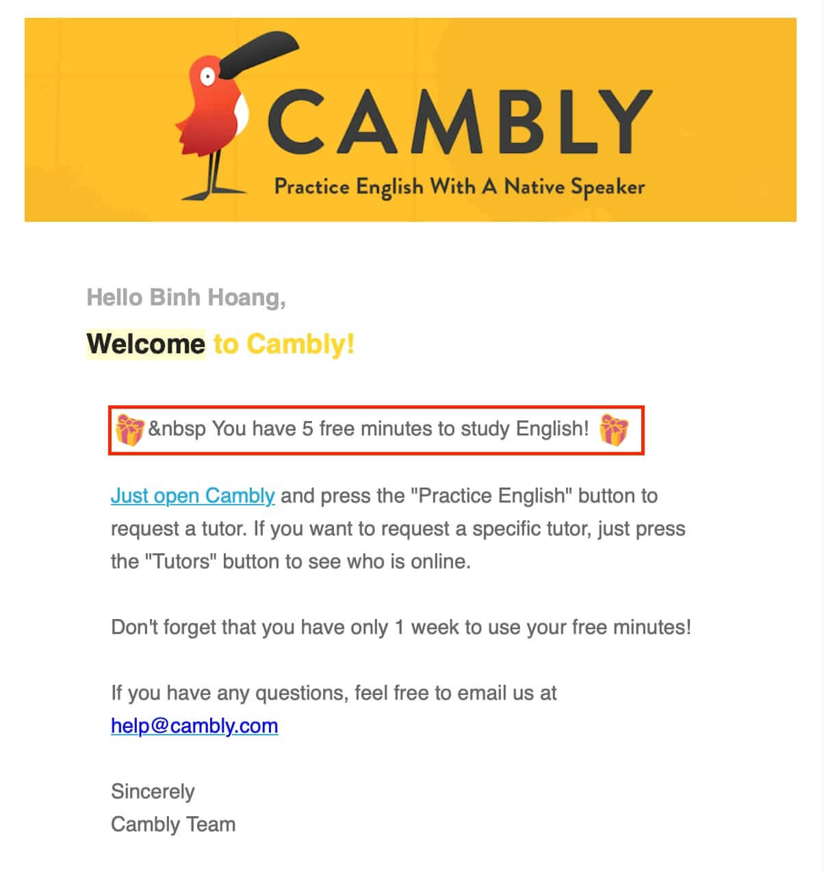 Welcome email example