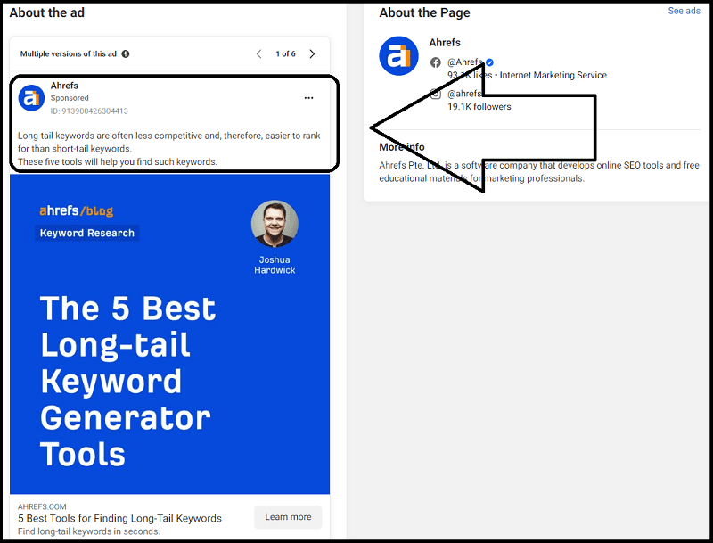 Ahrefs Ad example on Facebook